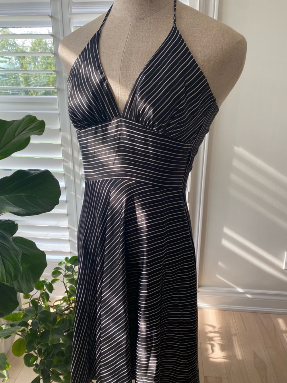 Y2K Black and White Striped Halter Dress